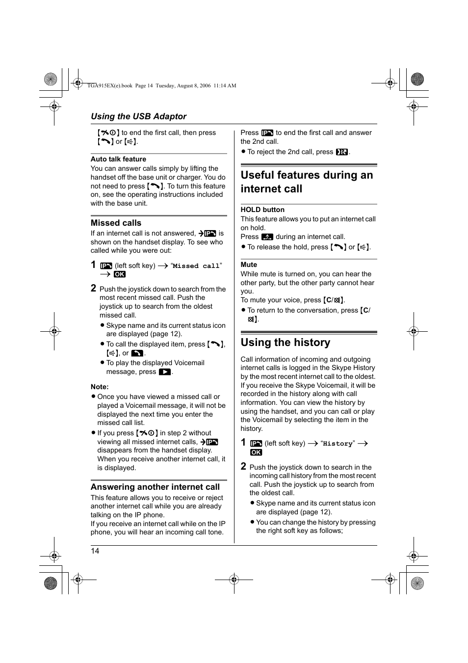 Useful features during an internet call, Using the history | Panasonic KXTGA915EX User Manual | Page 14 / 60