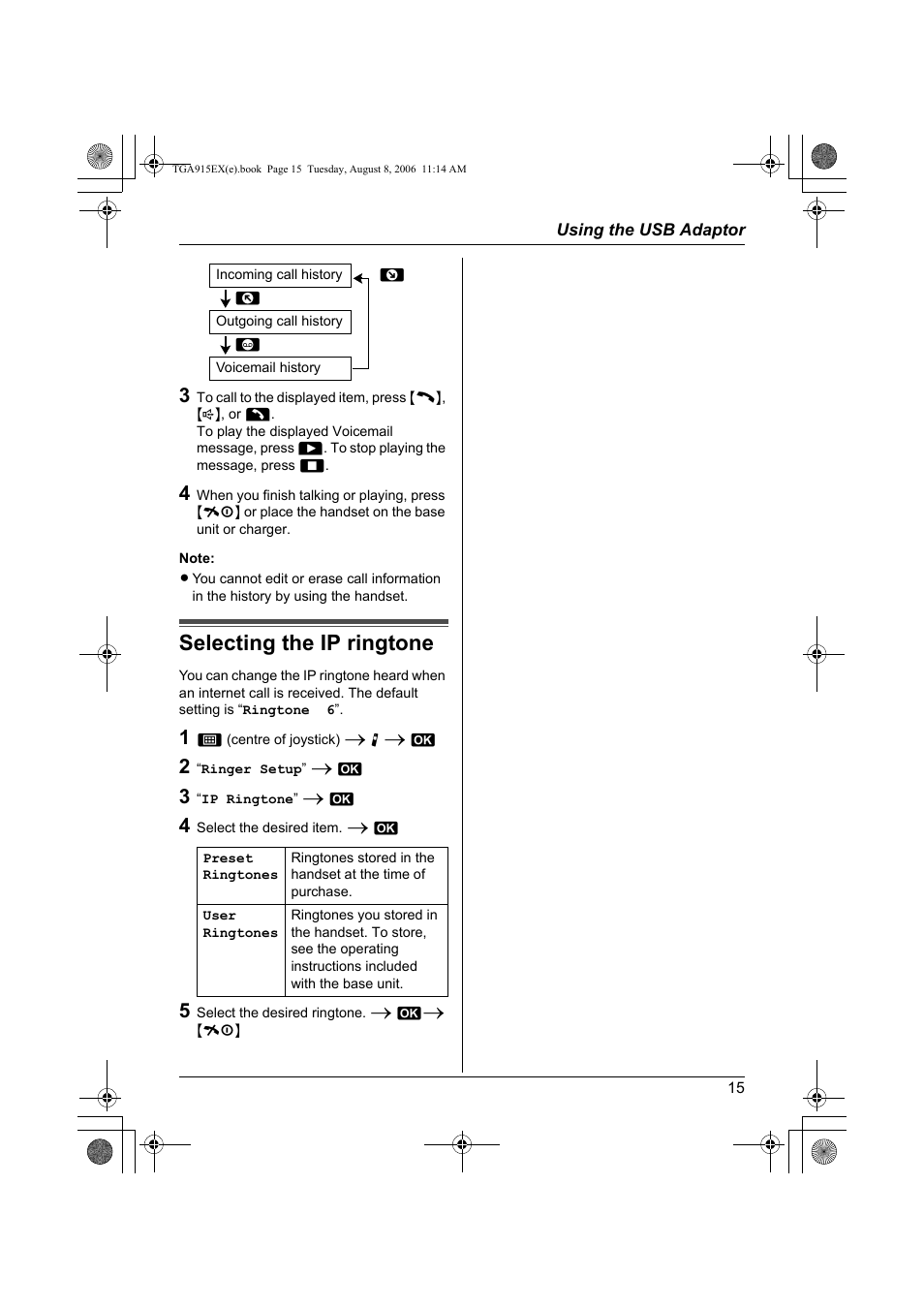 Selecting the ip ringtone | Panasonic KXTGA915EX User Manual | Page 15 / 60