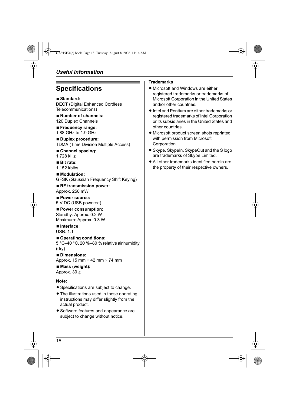 Specifications | Panasonic KXTGA915EX User Manual | Page 18 / 60