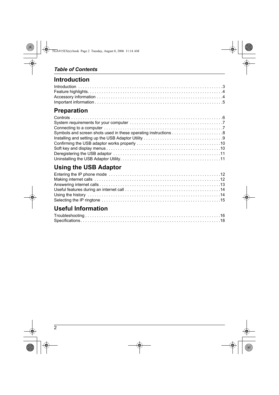 Introduction, Preparation, Using the usb adaptor | Useful information | Panasonic KXTGA915EX User Manual | Page 2 / 60