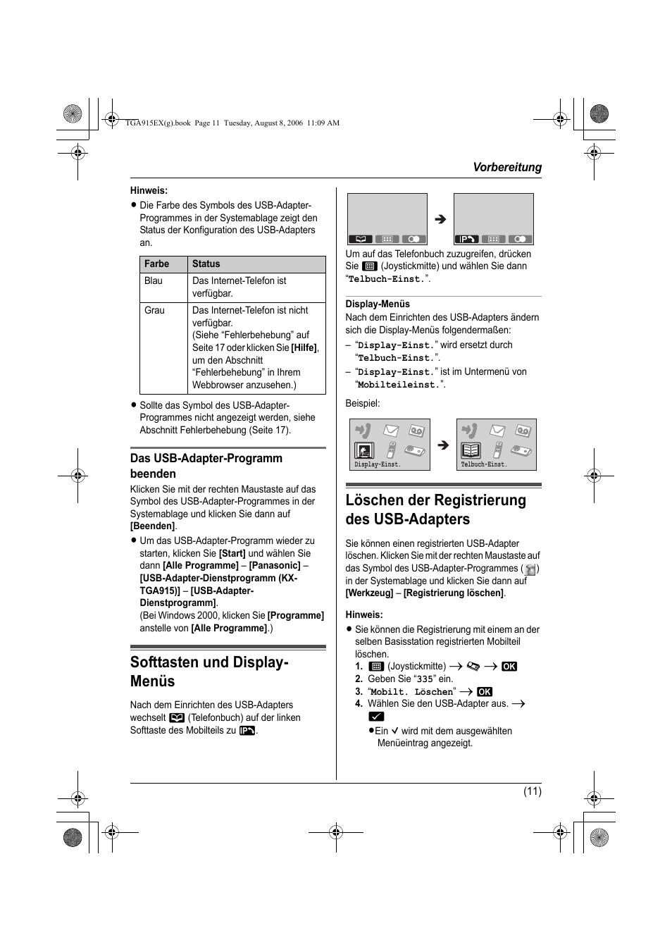 Softtasten und display- menüs, Löschen der registrierung des usb-adapters | Panasonic KXTGA915EX User Manual | Page 31 / 60