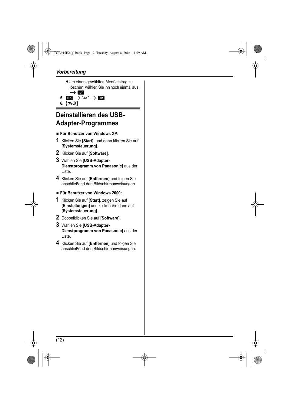 Deinstallieren des usb-adapter-programmes, Deinstallieren des usb- adapter-programmes | Panasonic KXTGA915EX User Manual | Page 32 / 60