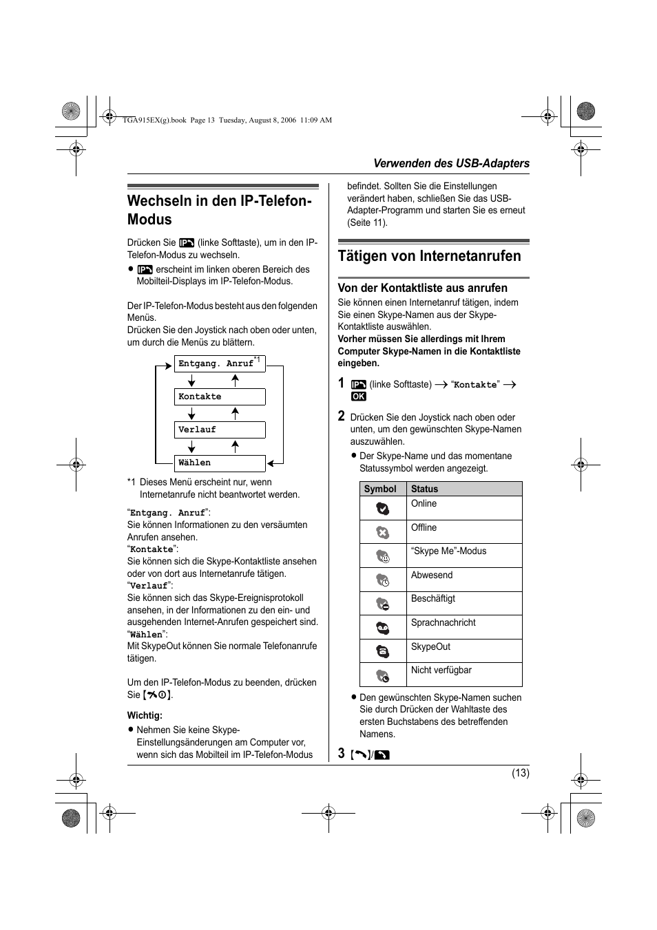 Verwenden des usb-adapters, Wechseln in den ip-telefon- modus, Tätigen von internetanrufen | Panasonic KXTGA915EX User Manual | Page 33 / 60