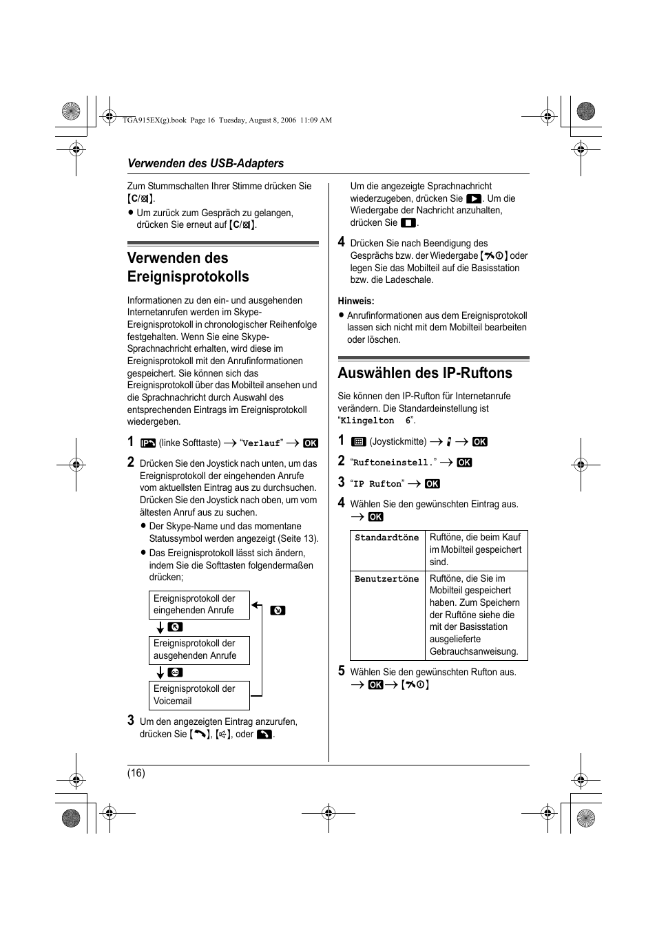 Verwenden des ereignisprotokolls, Auswählen des ip-ruftons | Panasonic KXTGA915EX User Manual | Page 36 / 60