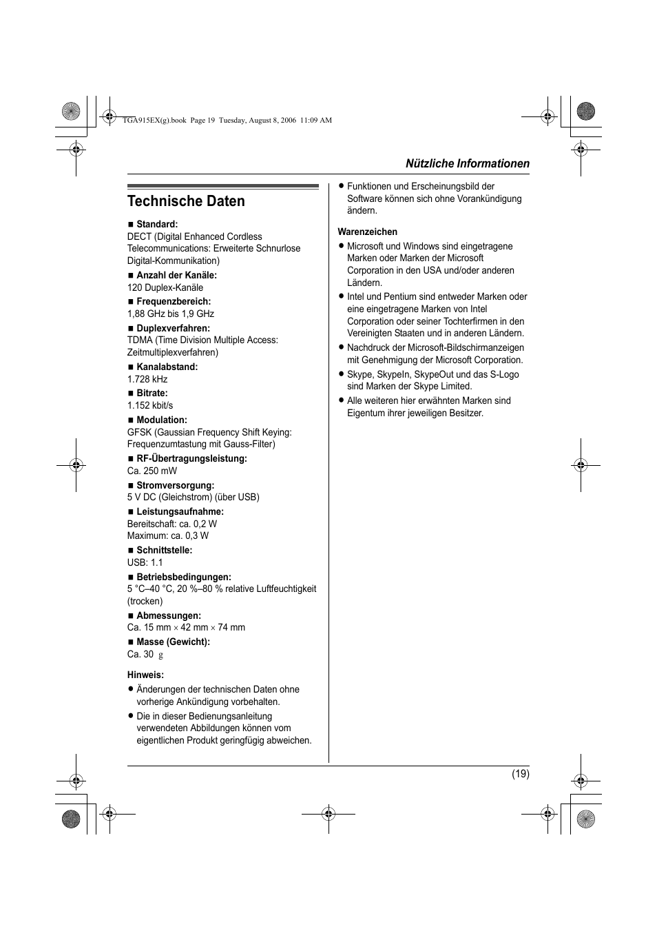 Technische daten | Panasonic KXTGA915EX User Manual | Page 39 / 60