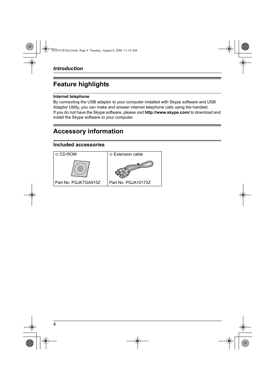 Feature highlights accessory information, Feature highlights, Accessory information | Panasonic KXTGA915EX User Manual | Page 4 / 60