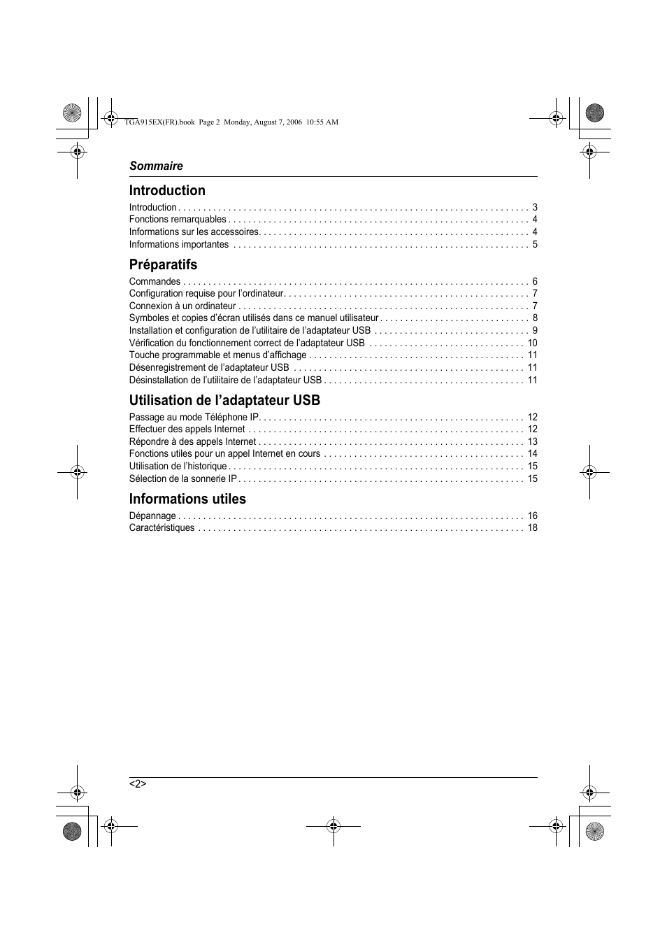 Sommaire, Introduction, Préparatifs | Utilisation de l’adaptateur usb, Informations utiles | Panasonic KXTGA915EX User Manual | Page 42 / 60