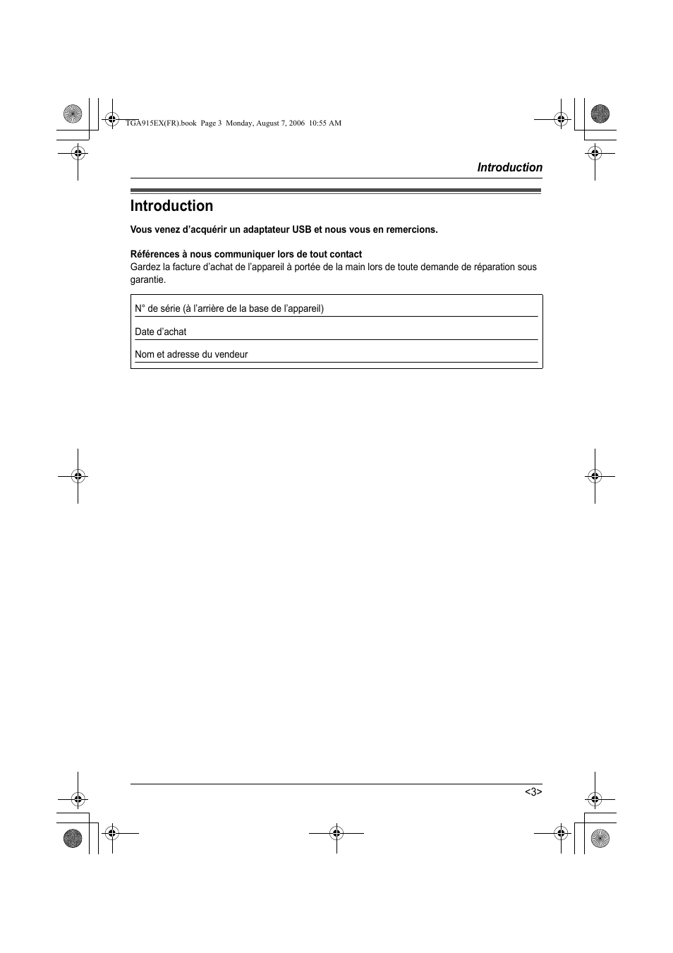 Introduction, Références à nous communiquer lors de tout contact | Panasonic KXTGA915EX User Manual | Page 43 / 60