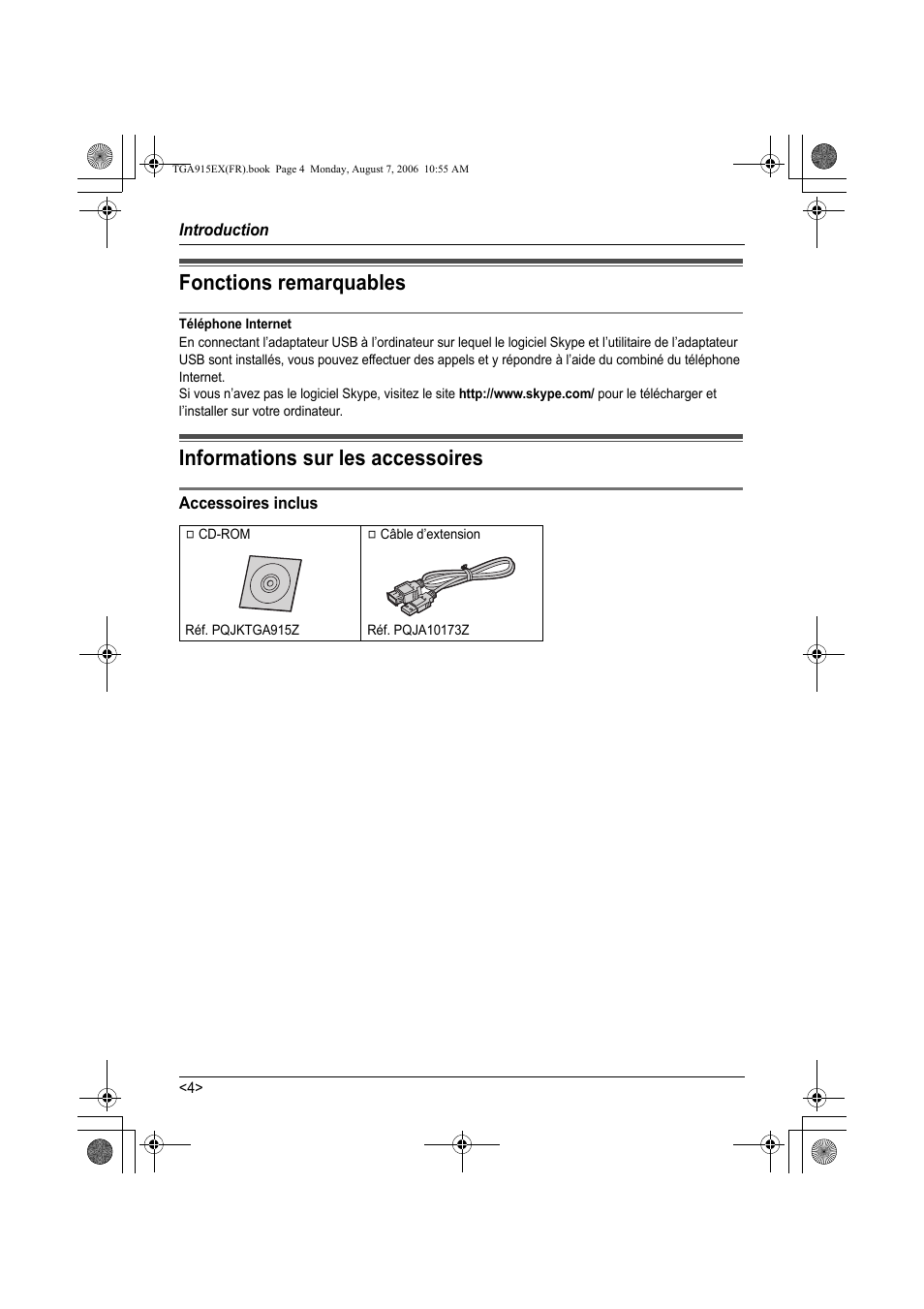 Fonctions remarquables, Téléphone internet, Accessoires inclus | Informations sur les accessoires | Panasonic KXTGA915EX User Manual | Page 44 / 60