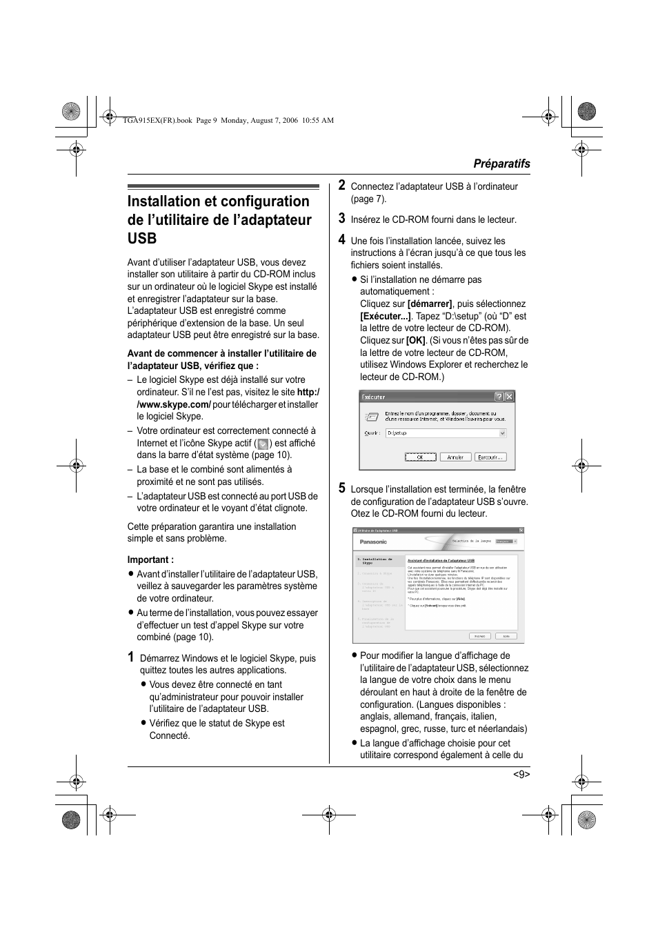 Important, 3 insérez le cd-rom fourni dans le lecteur | Panasonic KXTGA915EX User Manual | Page 49 / 60