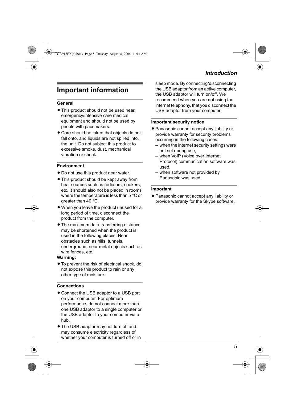 Important information | Panasonic KXTGA915EX User Manual | Page 5 / 60