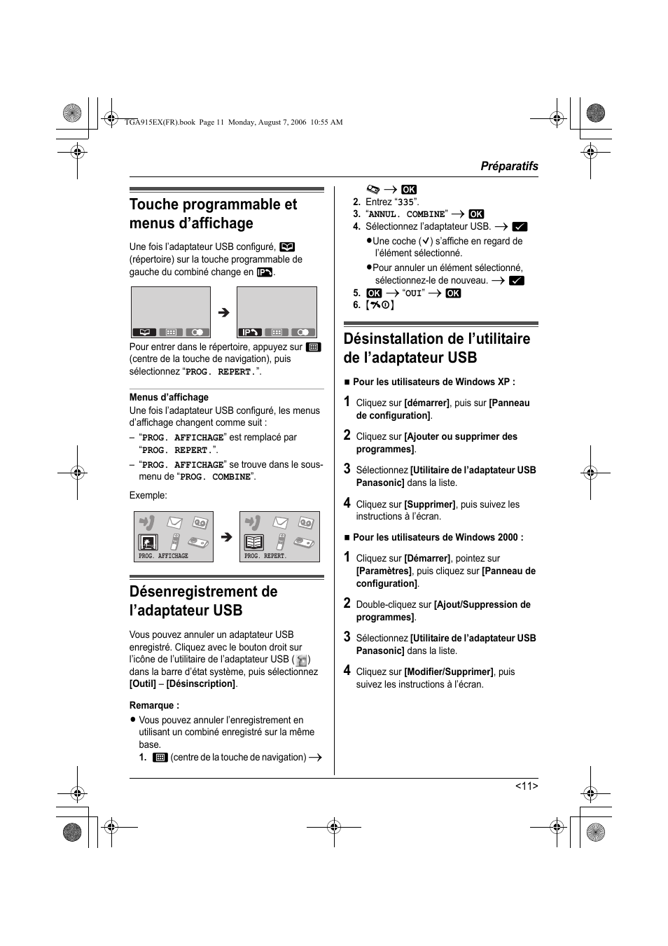 Menus d’affichage, Remarque, 2 cliquez sur [ajouter ou supprimer des programmes | Touche programmable et menus d’affichage, Désenregistrement de l’adaptateur usb | Panasonic KXTGA915EX User Manual | Page 51 / 60