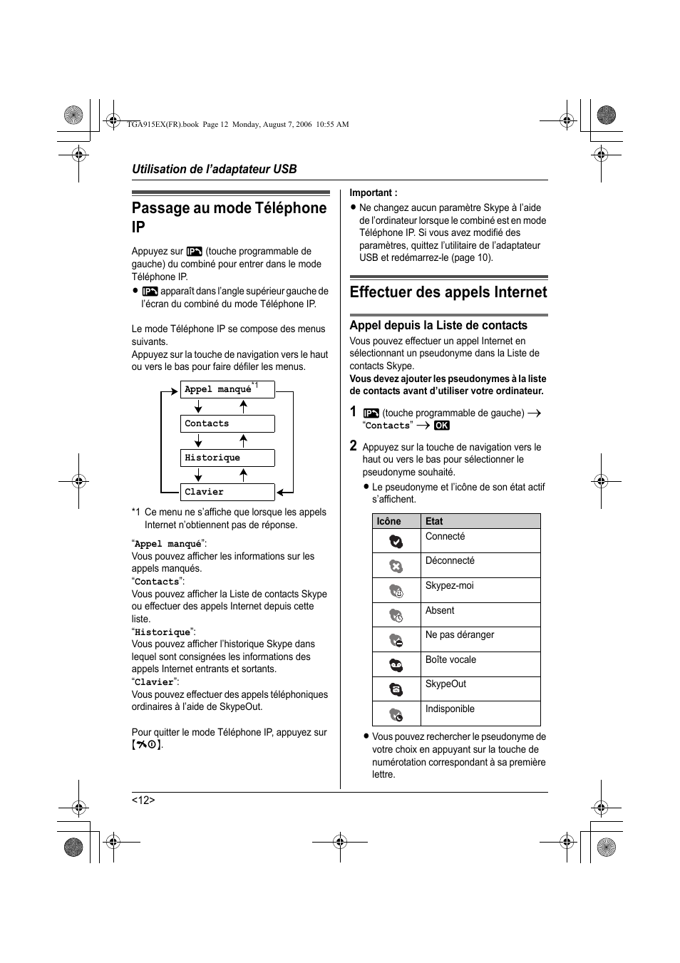 Utilisation de l’adaptateur usb, Passage au mode téléphone ip, Important | Appel depuis la liste de contacts, Effectuer des appels internet | Panasonic KXTGA915EX User Manual | Page 52 / 60