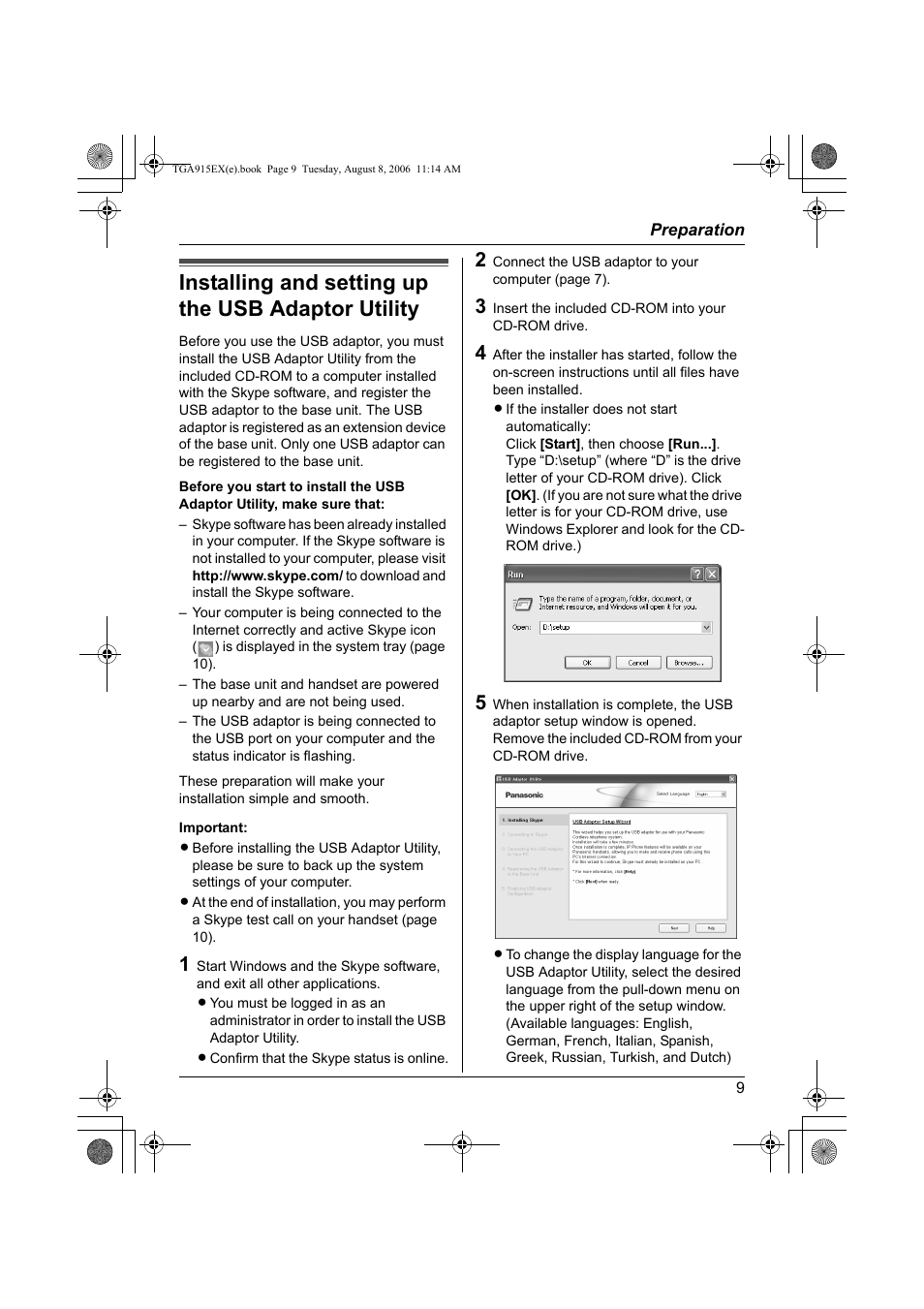 Installing and setting up the usb adaptor utility | Panasonic KXTGA915EX User Manual | Page 9 / 60