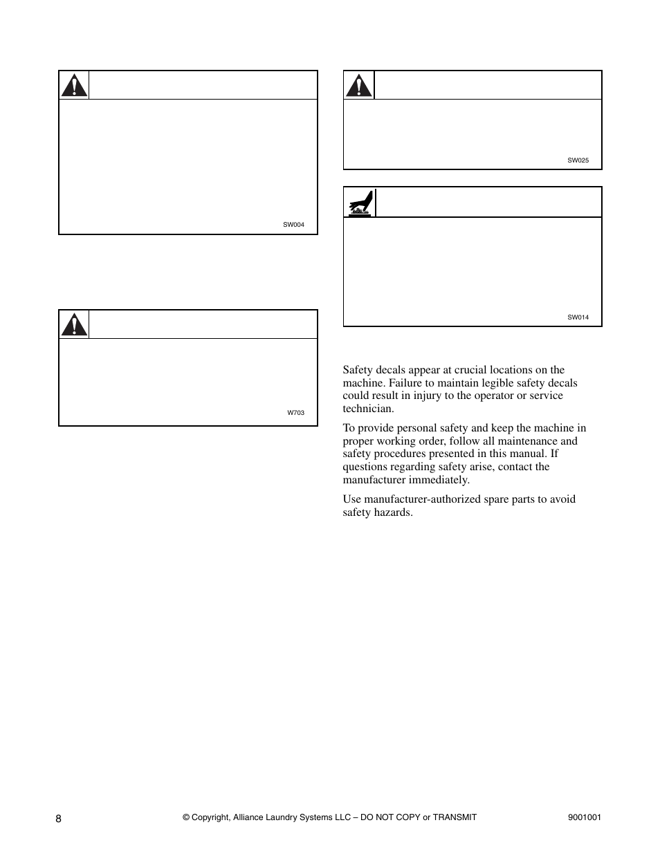 Safety decals, Warning, Caution | Alliance Laundry Systems UX18PVQM7 User Manual | Page 10 / 27