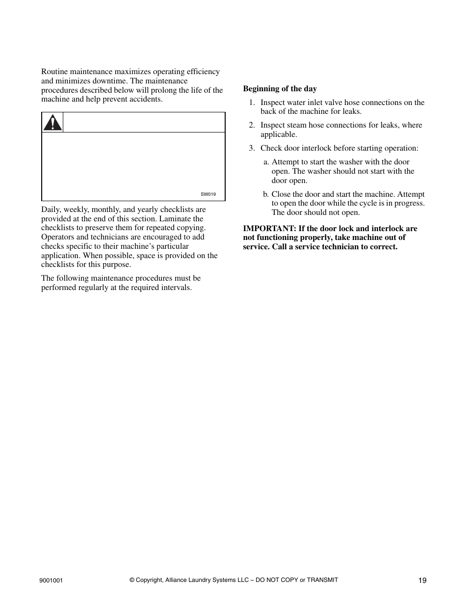 Maintenance, Daily, Caution | Alliance Laundry Systems UX18PVQM7 User Manual | Page 21 / 27