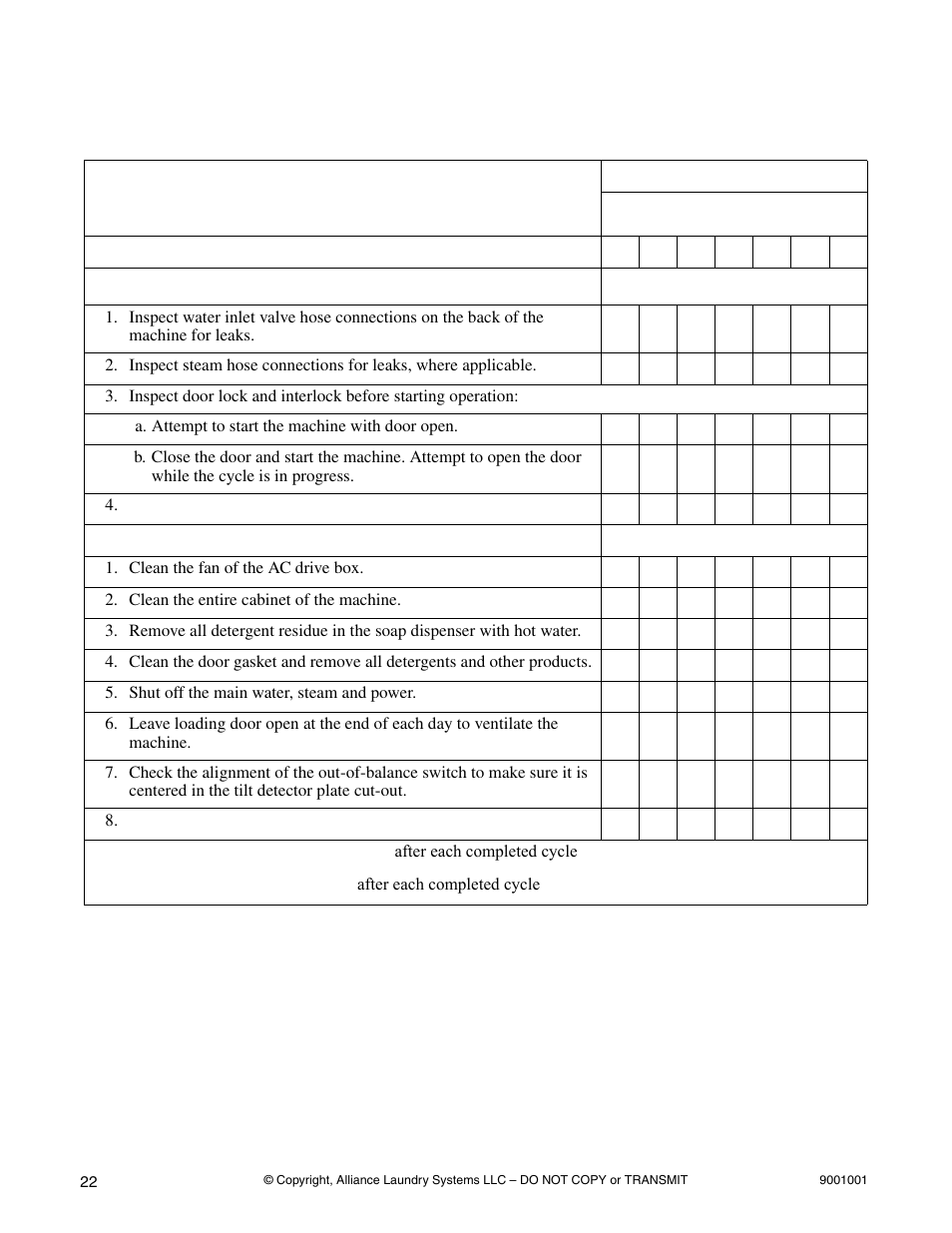 Daily preventive maintenance checklist | Alliance Laundry Systems UX18PVQM7 User Manual | Page 24 / 27