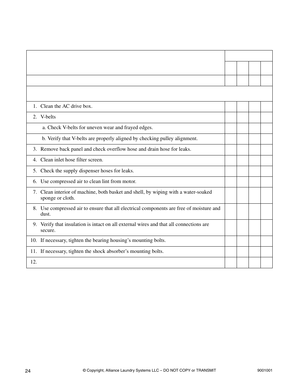 Monthly preventive maintenance checklist | Alliance Laundry Systems UX18PVQM7 User Manual | Page 26 / 27