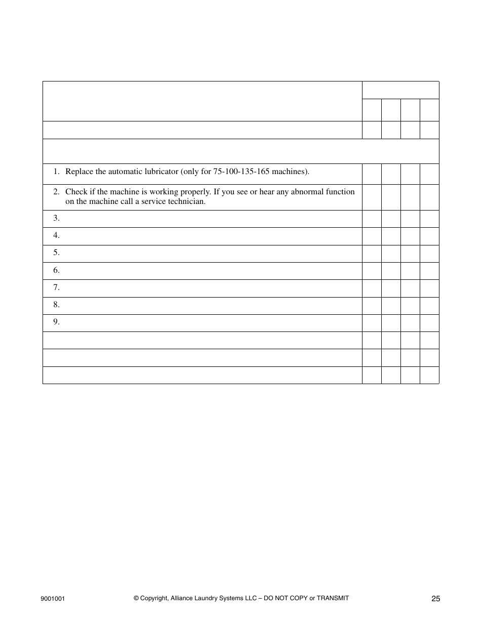 Yearly preventive maintenance checklist | Alliance Laundry Systems UX18PVQM7 User Manual | Page 27 / 27