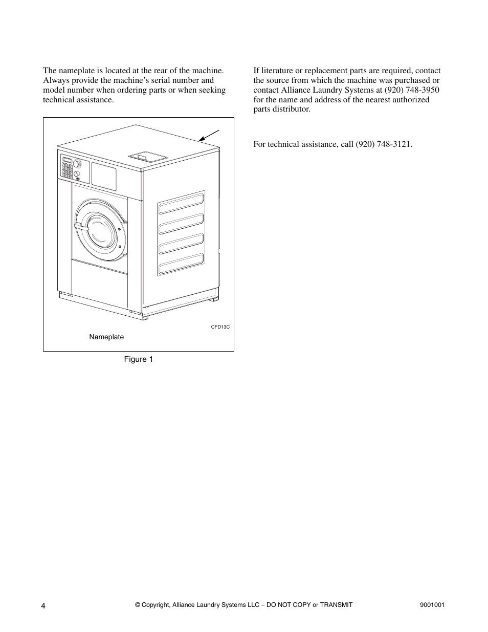 Nameplate location, Replacement parts, Customer service | Alliance Laundry Systems UX18PVQM7 User Manual | Page 6 / 27