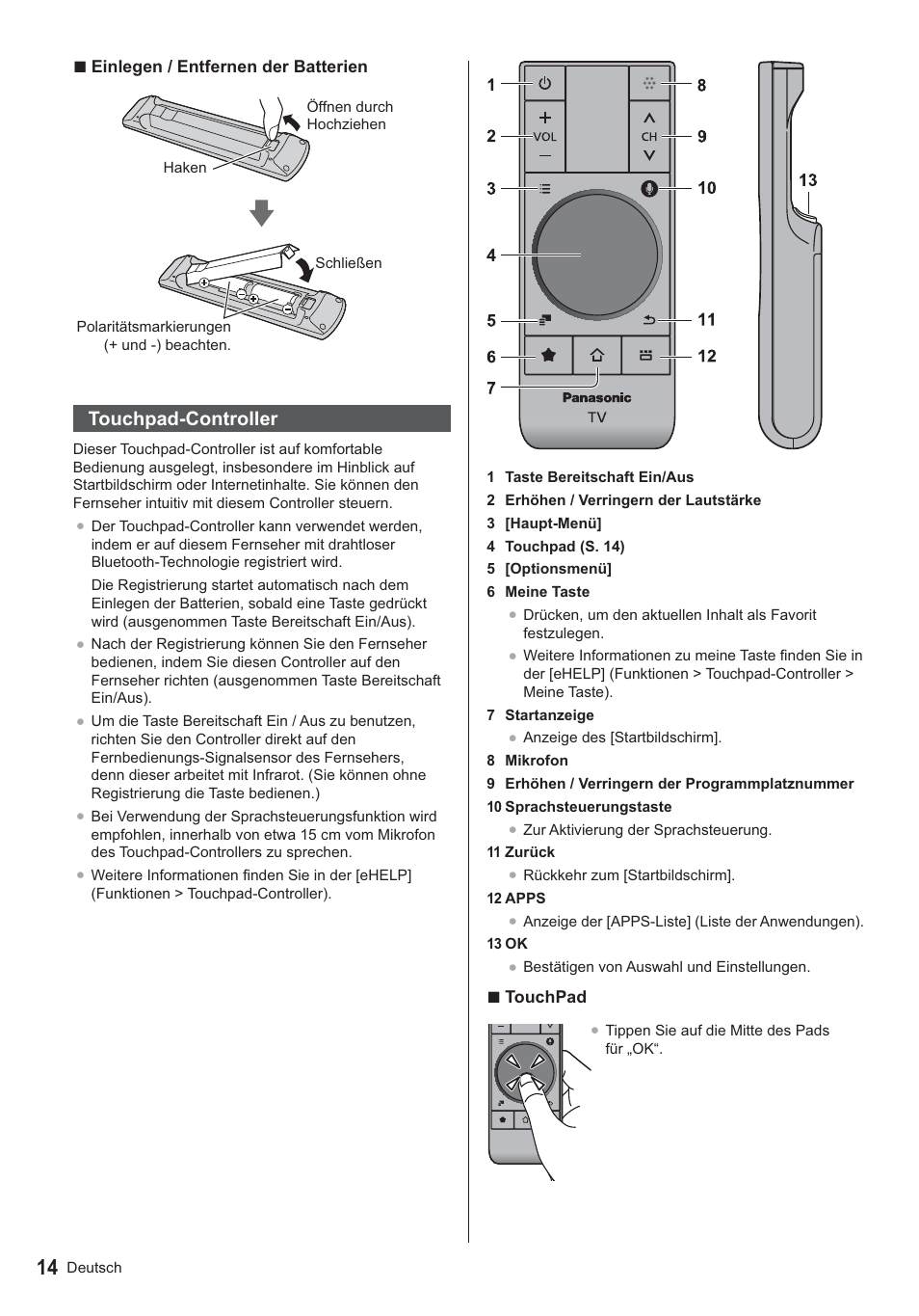 Touchpad-controller | Panasonic TX39ASN658 User Manual | Page 14 / 80