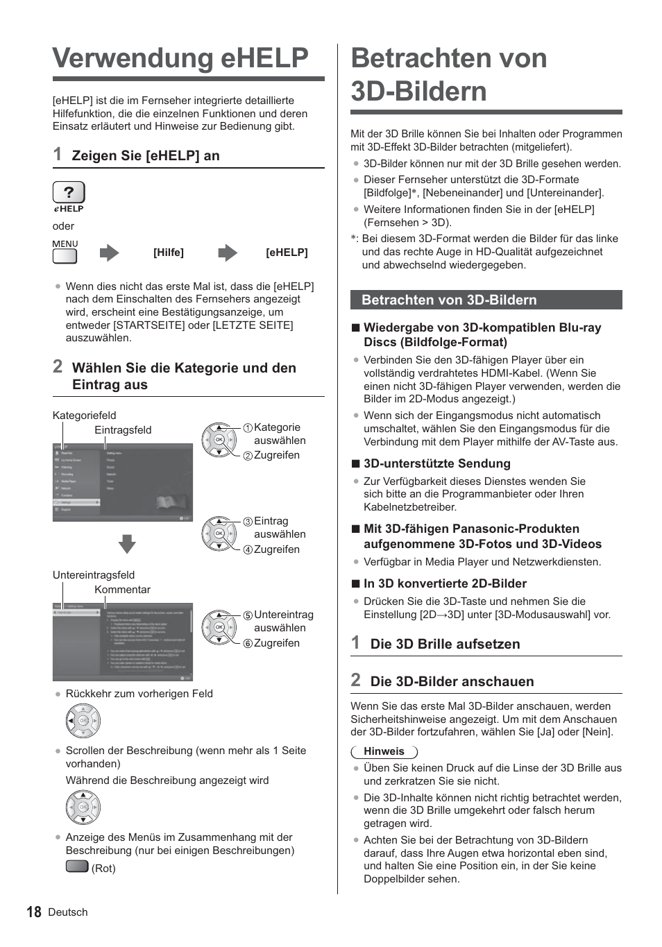 Verwendung ehelp, Betrachten von 3d-bildern | Panasonic TX39ASN658 User Manual | Page 18 / 80