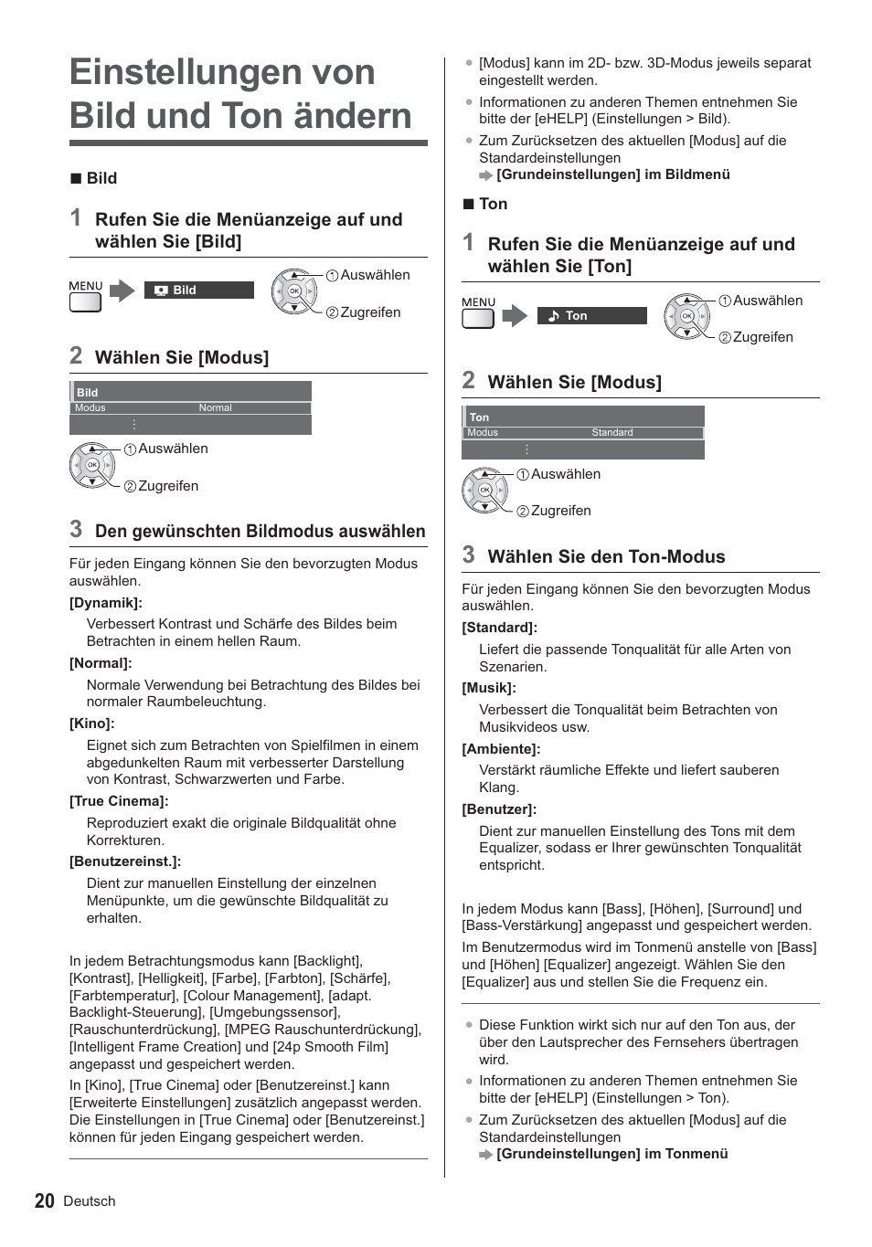 Einstellungen von bild und ton ändern | Panasonic TX39ASN658 User Manual | Page 20 / 80
