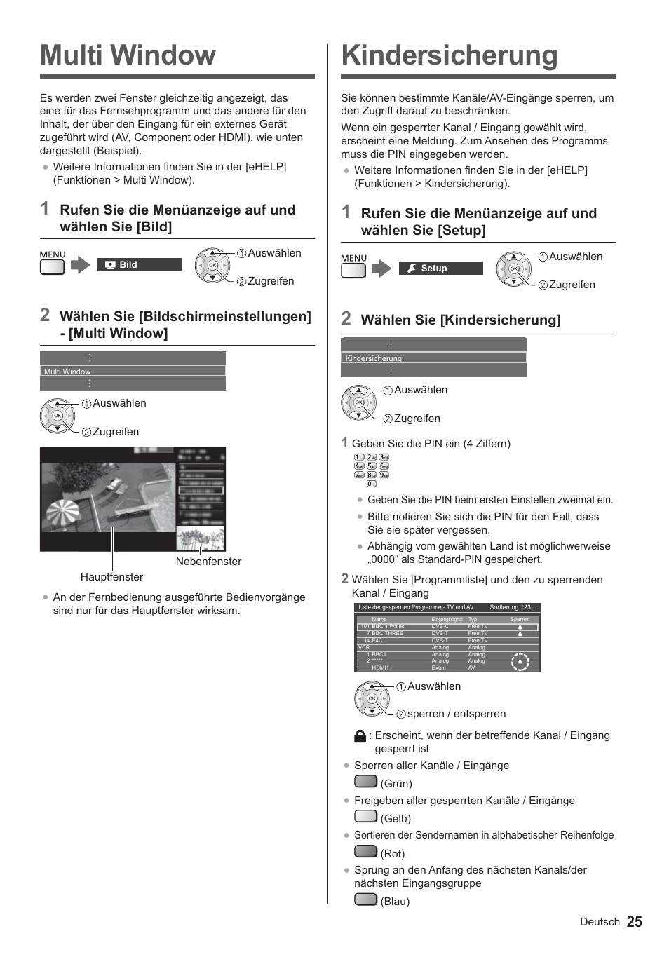 Kindersicherung, Multi window, Wählen sie [kindersicherung | Rufen sie die menüanzeige auf und wählen sie [bild | Panasonic TX39ASN658 User Manual | Page 25 / 80