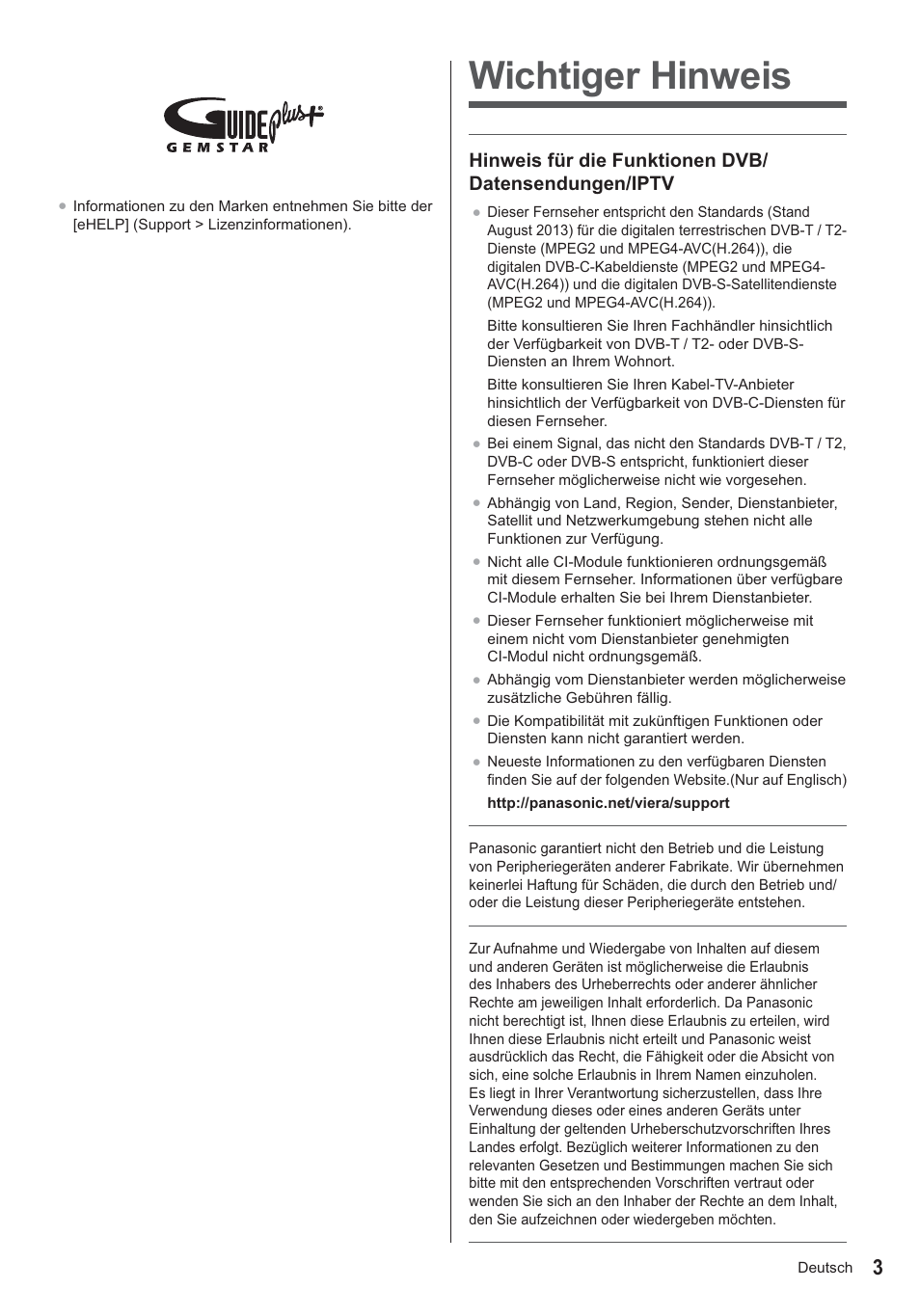 Wichtiger hinweis | Panasonic TX39ASN658 User Manual | Page 3 / 80