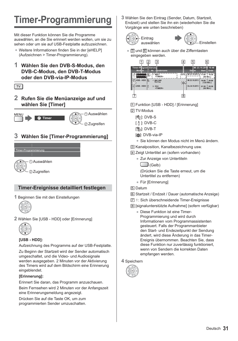 Timer-programmierung, Wählen sie [timer-programmierung, Timer-ereignisse detailliert festlegen 1 | Panasonic TX39ASN658 User Manual | Page 31 / 80