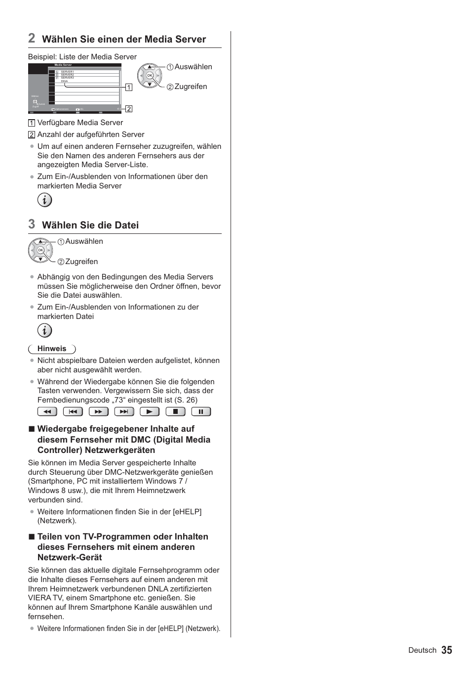 Wählen sie einen der media server, Wählen sie die datei | Panasonic TX39ASN658 User Manual | Page 35 / 80