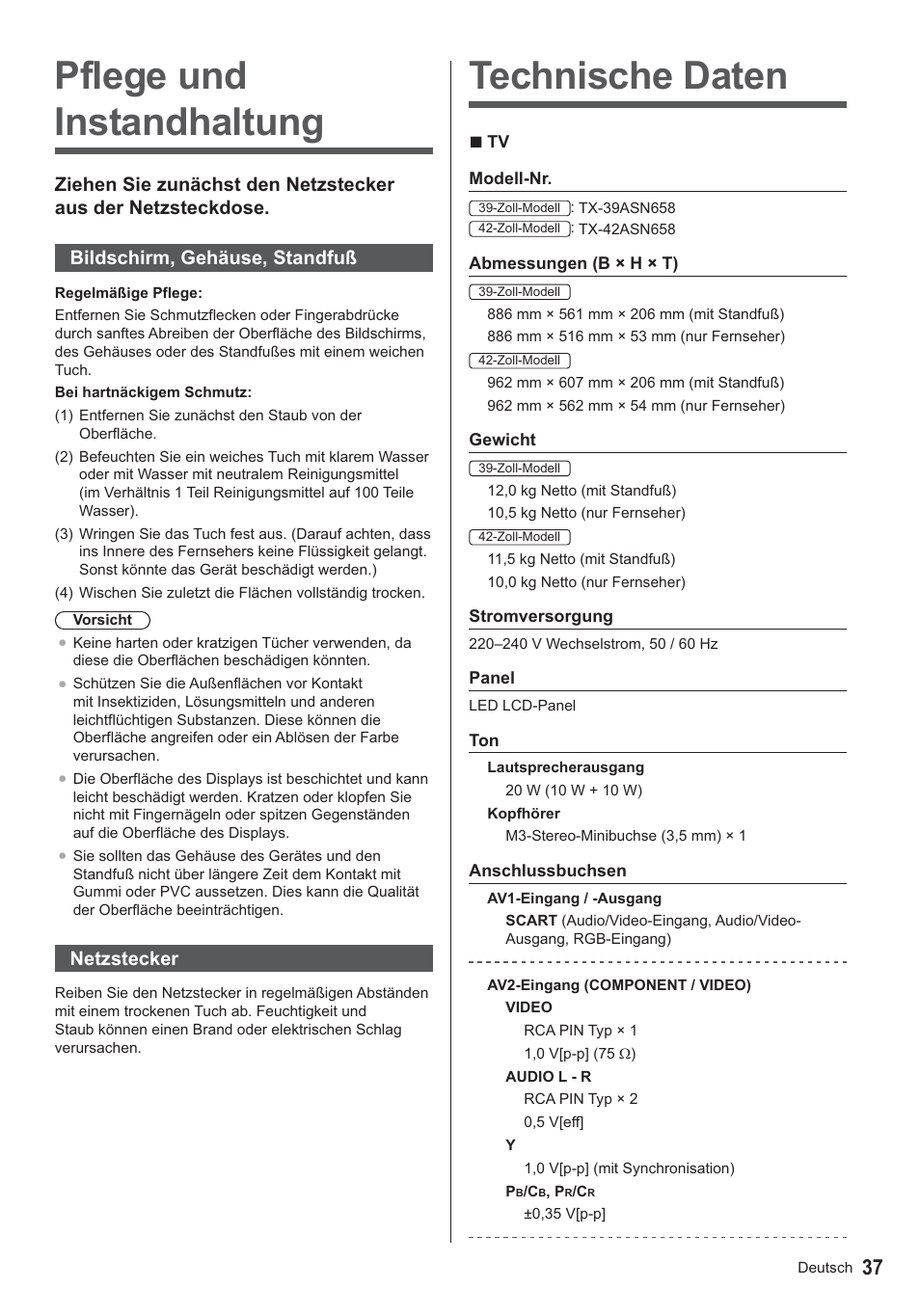 Technische daten, Pflege und instandhaltung, Netzstecker | Panasonic TX39ASN658 User Manual | Page 37 / 80