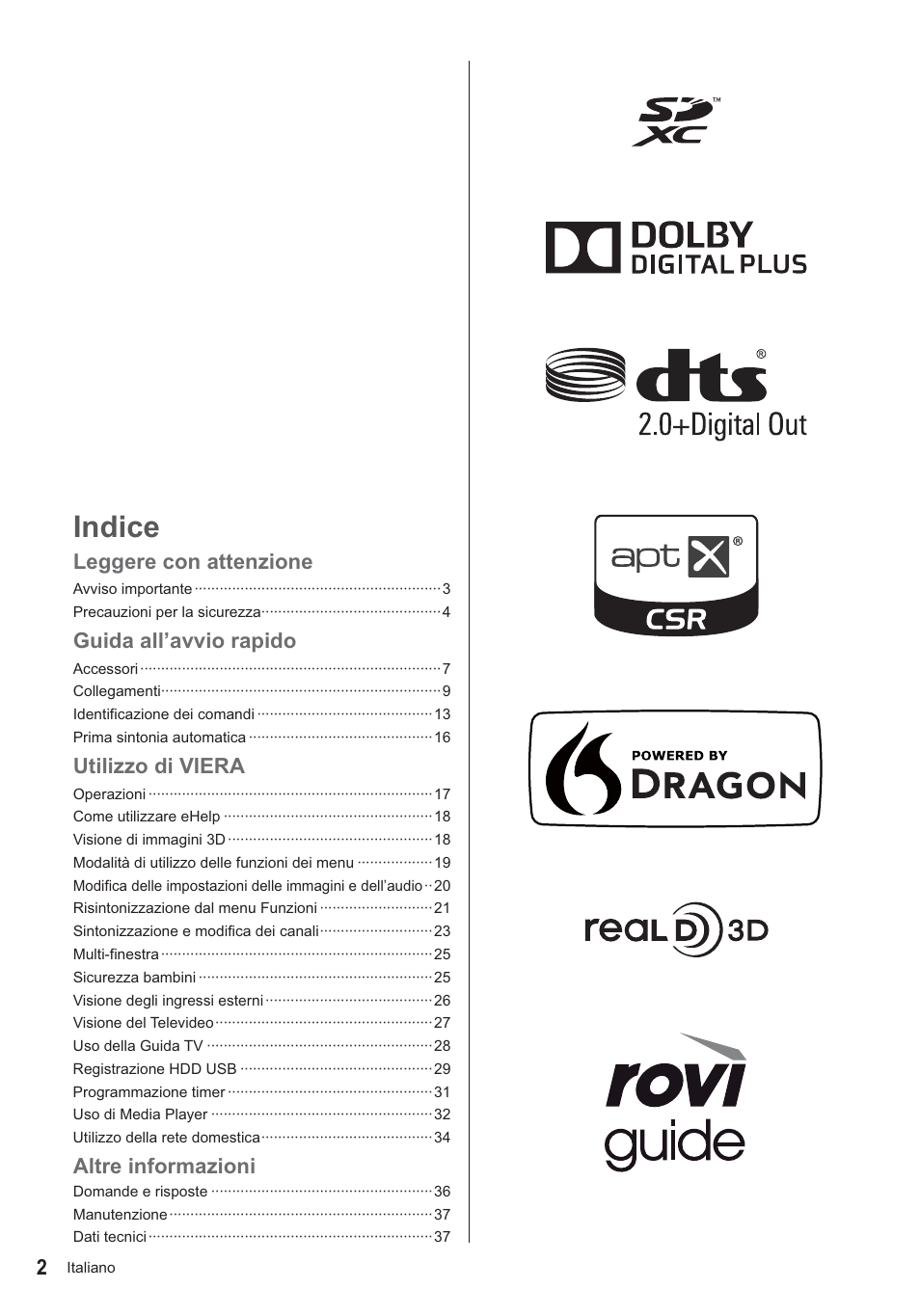 Indice, Leggere con attenzione, Guida all’avvio rapido | Utilizzo di viera, Altre informazioni | Panasonic TX39ASN658 User Manual | Page 42 / 80