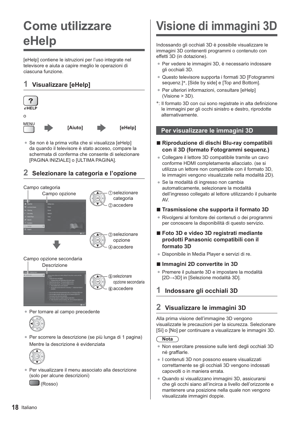 Come utilizzare ehelp, Visione di immagini 3d | Panasonic TX39ASN658 User Manual | Page 58 / 80