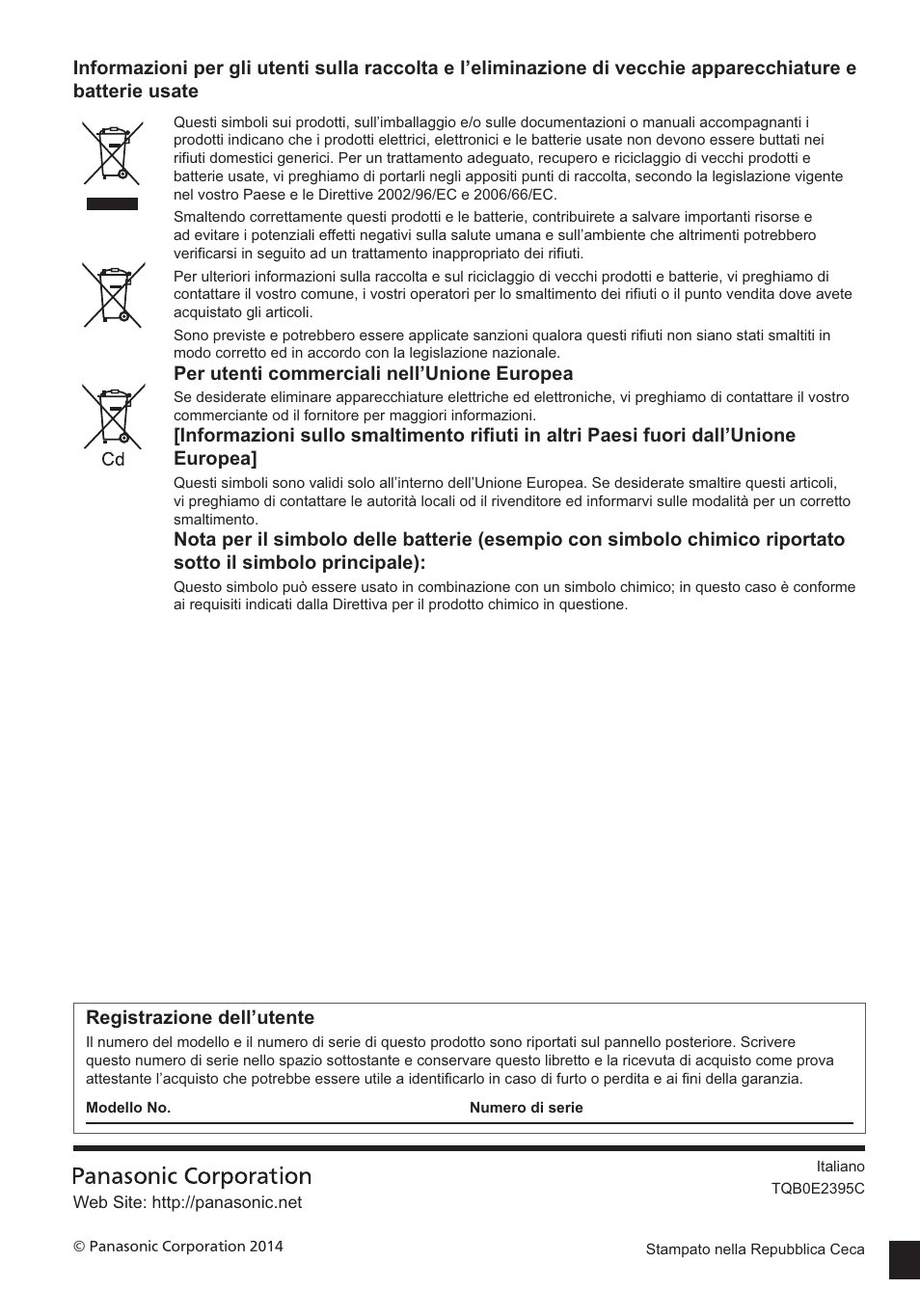 Per utenti commerciali nell’unione europea, Registrazione dell’utente | Panasonic TX39ASN658 User Manual | Page 80 / 80
