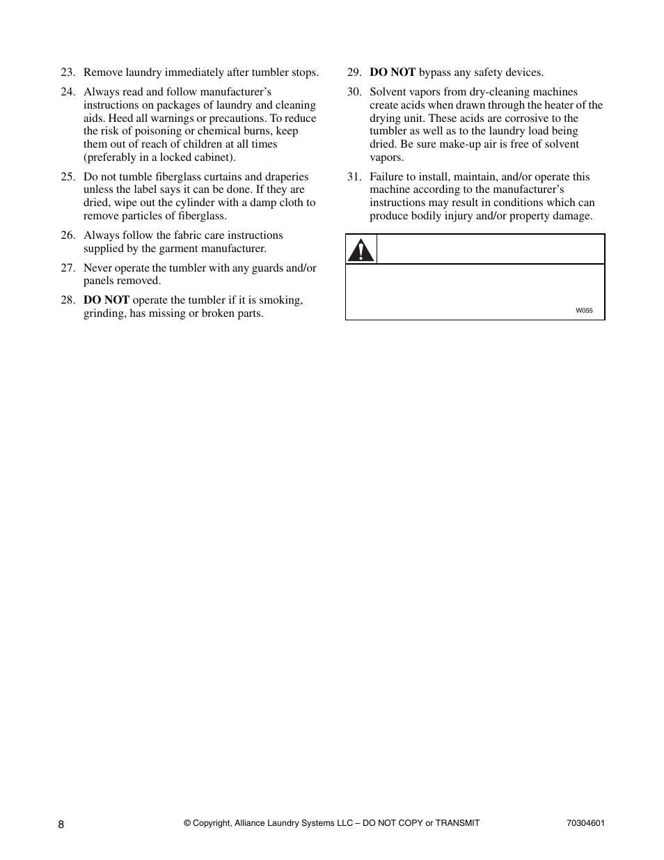 Warning | Alliance Laundry Systems Drying Cabinet User Manual | Page 10 / 53