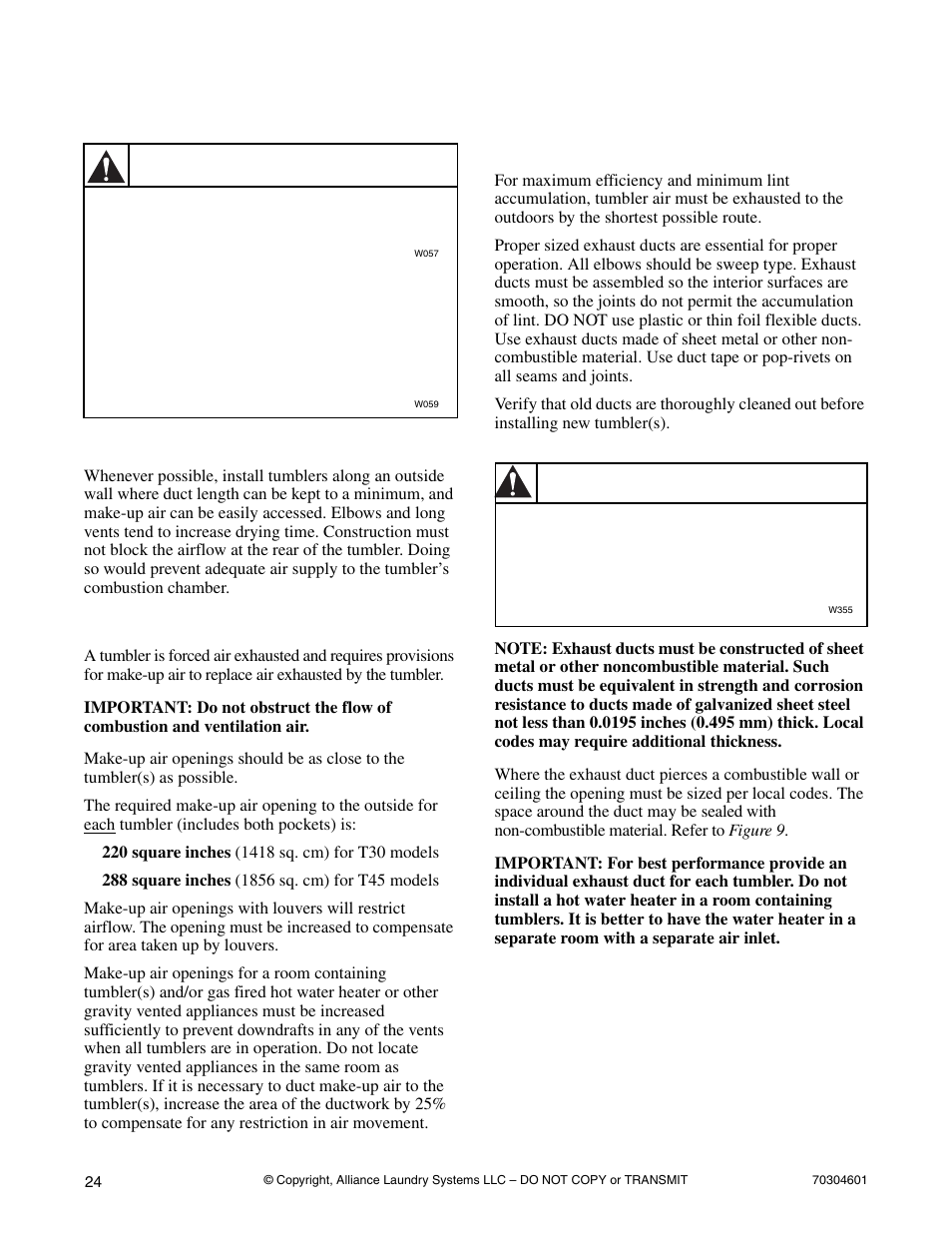 Exhaust requirements, Layout make-up air venting, Warning | Layout, Make-up air, Venting | Alliance Laundry Systems Drying Cabinet User Manual | Page 26 / 53