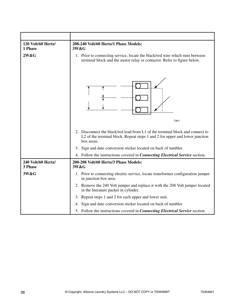 Conversion instructions, T30 models only) | Alliance Laundry Systems Drying Cabinet User Manual | Page 40 / 53