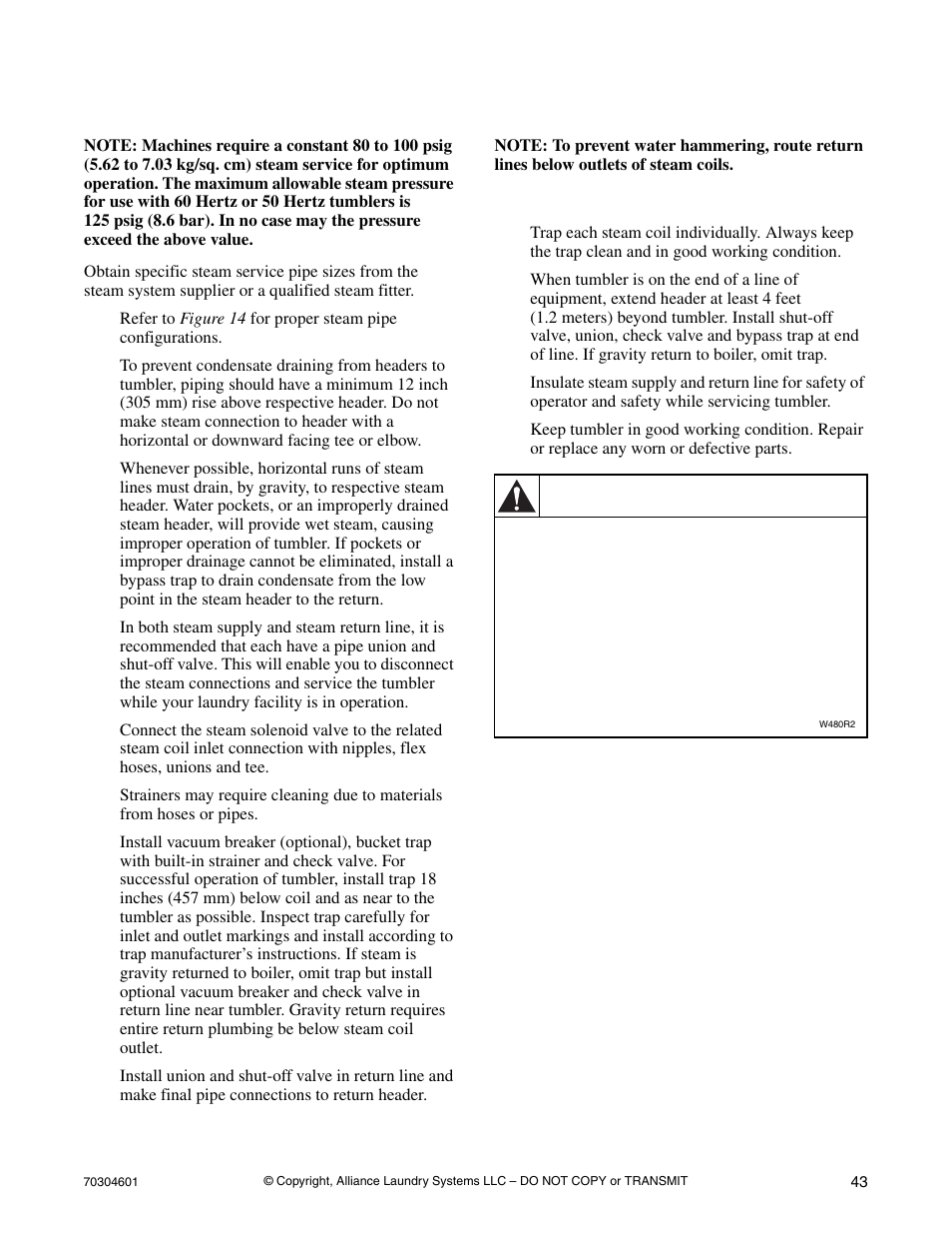 Steam requirements, Piping recommendations, Warning | Alliance Laundry Systems Drying Cabinet User Manual | Page 45 / 53