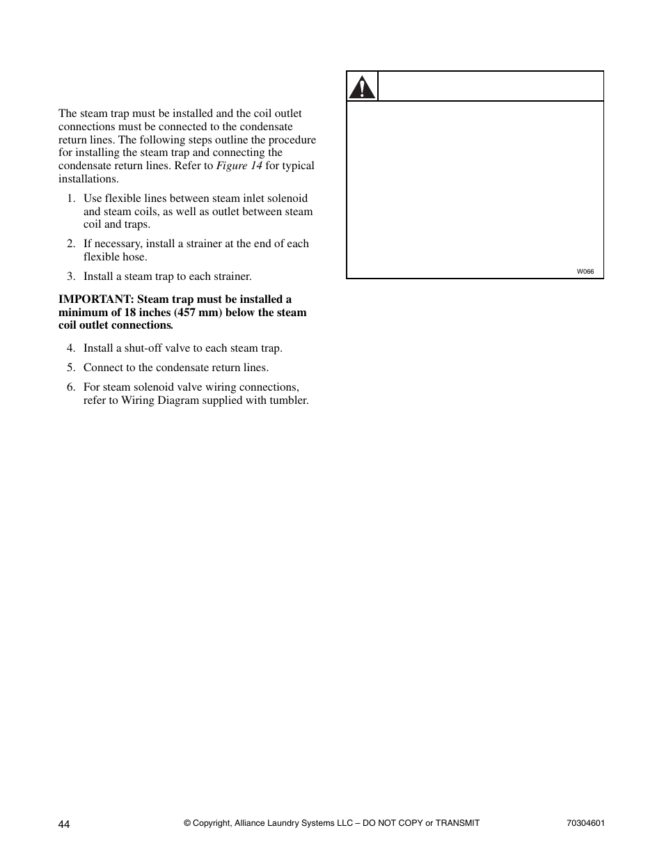 Installing steam trap and making condensate, Return connections, Warning | Alliance Laundry Systems Drying Cabinet User Manual | Page 46 / 53