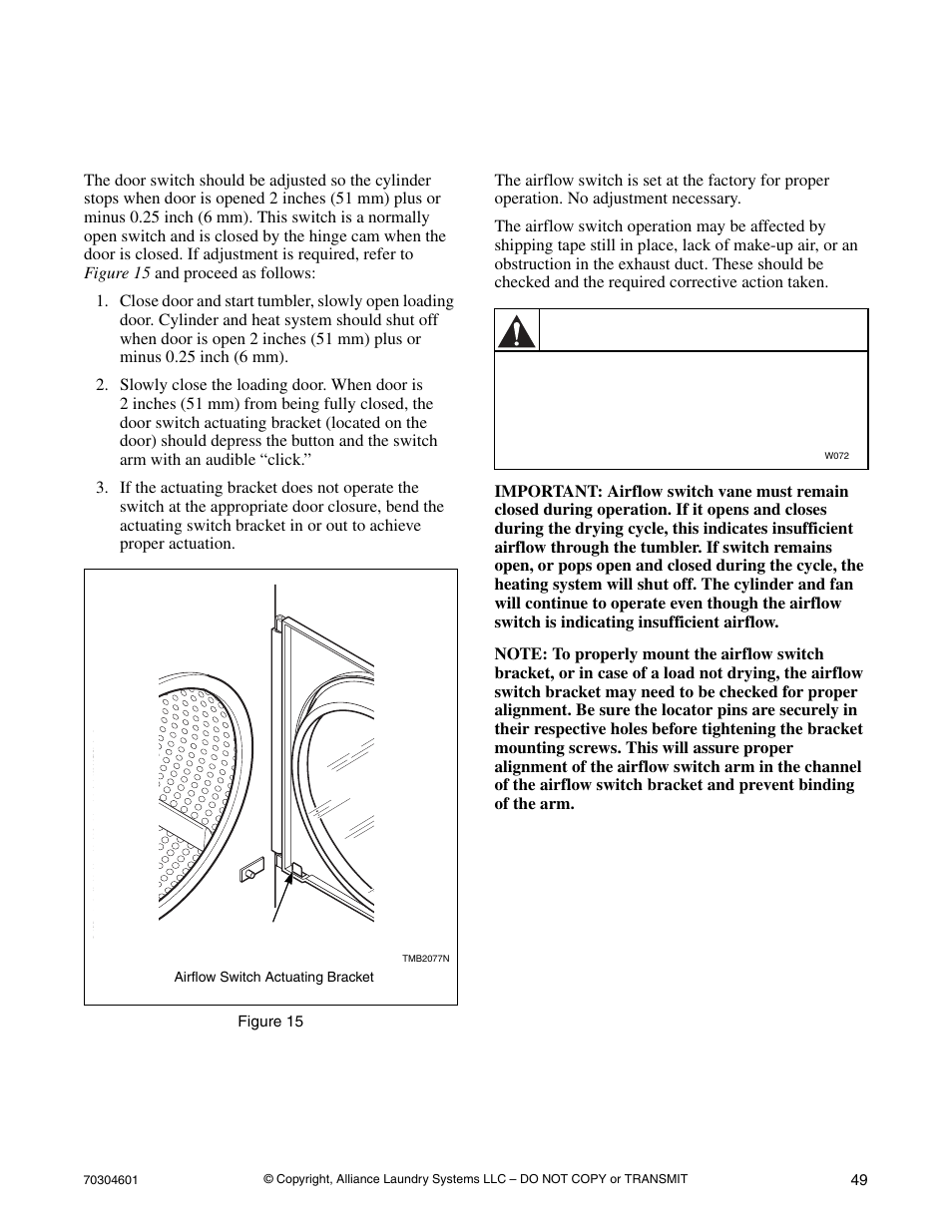 Adjustments, Loading door switch airflow switch, Warning | Loading door switch, Airflow switch | Alliance Laundry Systems Drying Cabinet User Manual | Page 51 / 53