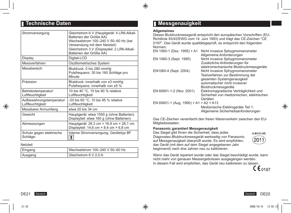 Technische daten, Messgenauigkeit | Panasonic EW3153 User Manual | Page 13 / 19