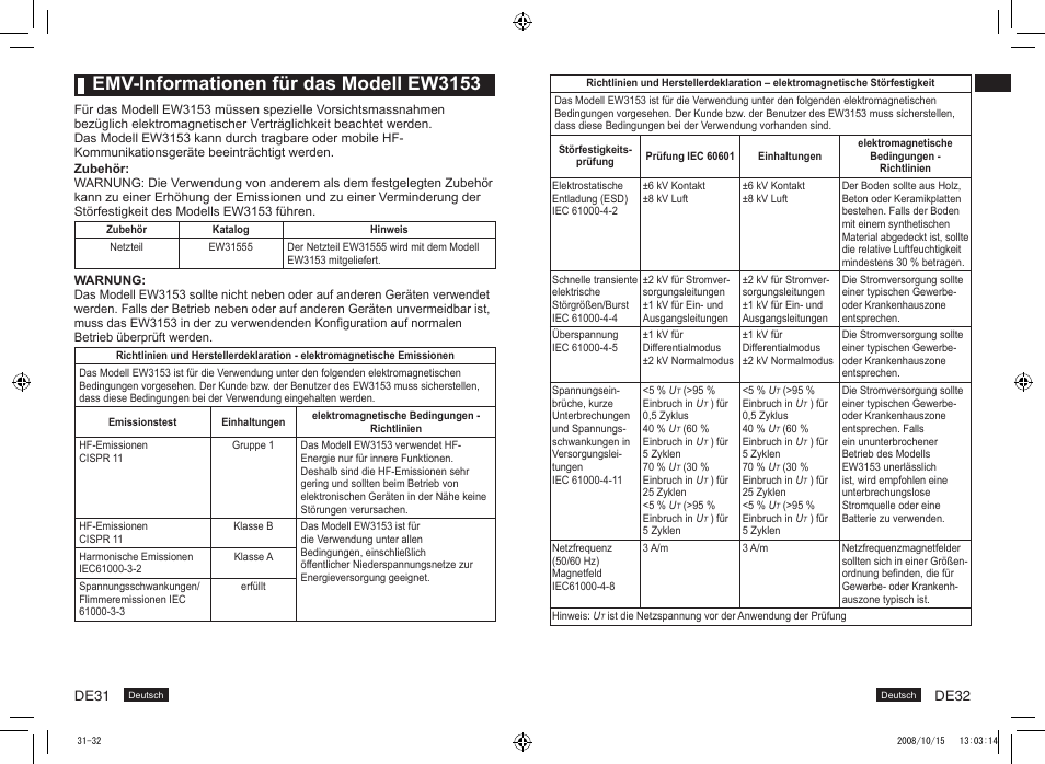 Emv-informationen für das modell ew3153 | Panasonic EW3153 User Manual | Page 18 / 19