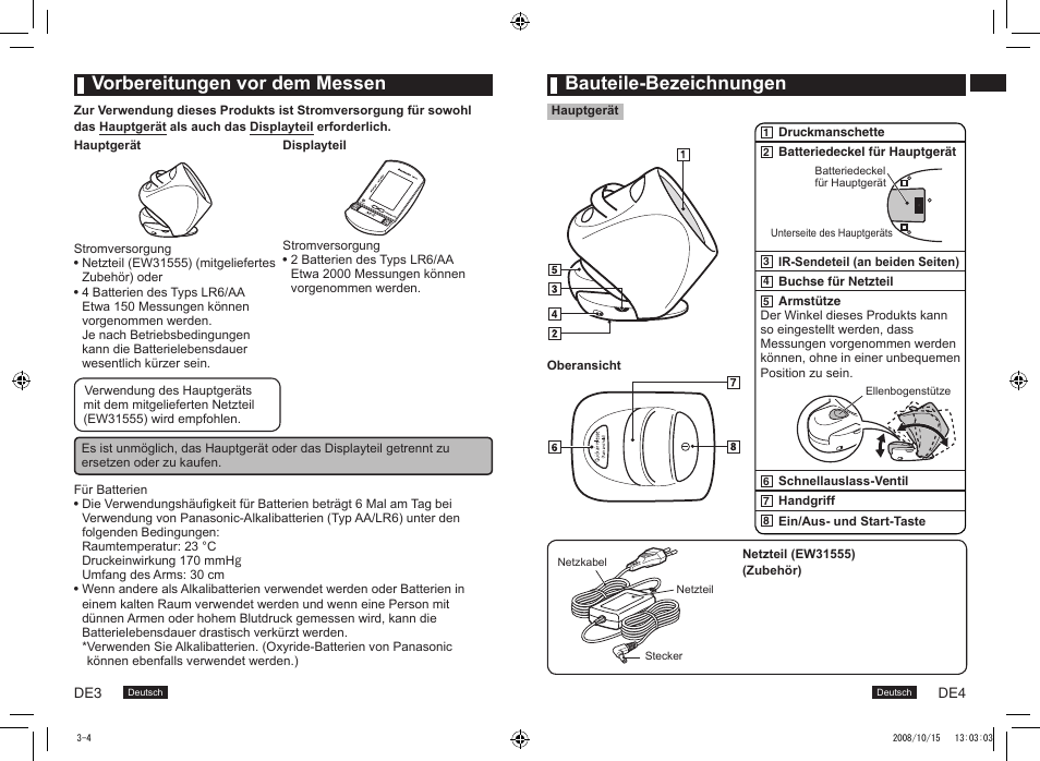 Bauteile-bezeichnungen, Vorbereitungen vor dem messen | Panasonic EW3153 User Manual | Page 4 / 19