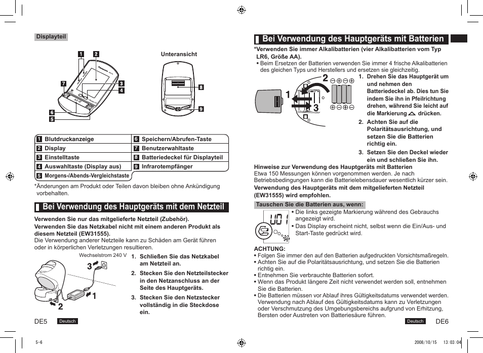 Bei verwendung des hauptgeräts mit batterien, Bei verwendung des hauptgeräts mit dem netzteil | Panasonic EW3153 User Manual | Page 5 / 19