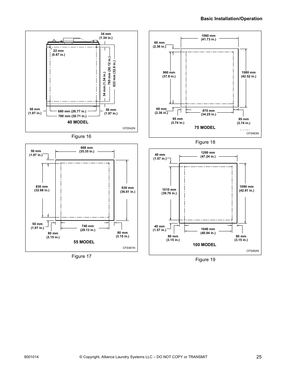 Basic installation/operation 25, Figure 16, 40 model | 55 model, 75 model, 100 model | Alliance Laundry Systems 9001014R7 User Manual | Page 27 / 34