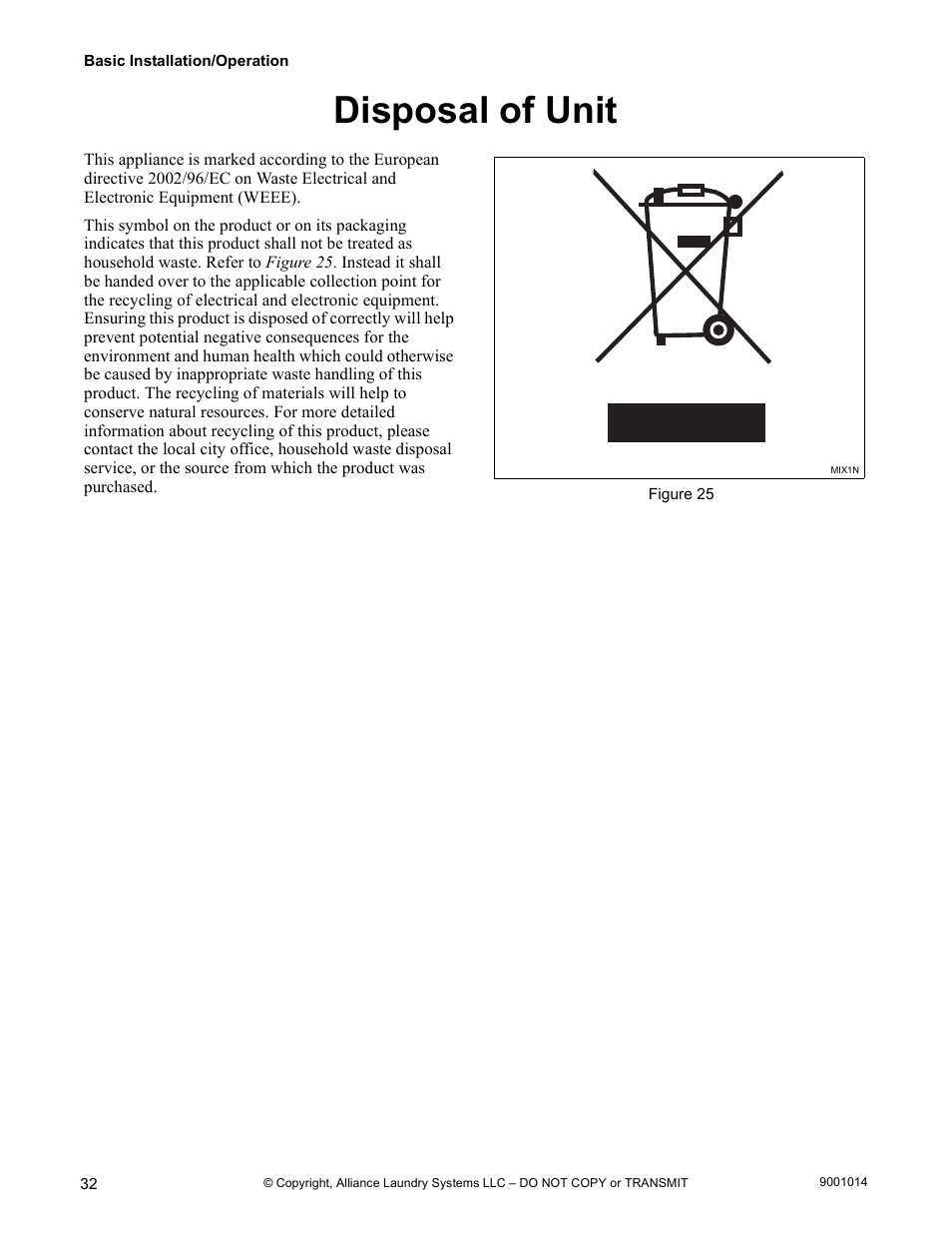 Disposal of unit | Alliance Laundry Systems 9001014R7 User Manual | Page 34 / 34