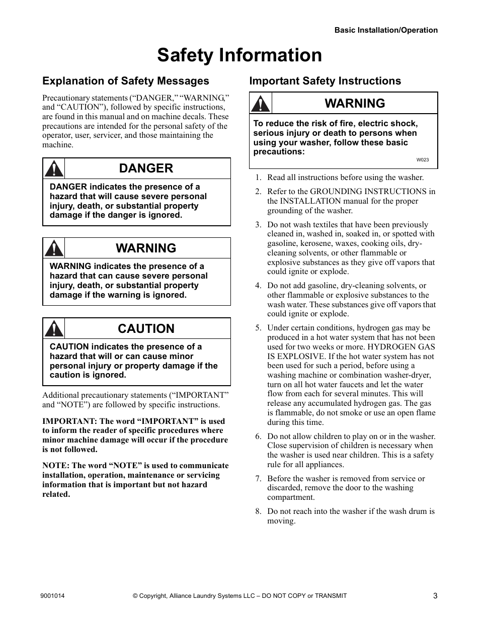 Safety information, Explanation of safety messages, Important safety instructions | Danger, Warning, Caution | Alliance Laundry Systems 9001014R7 User Manual | Page 5 / 34