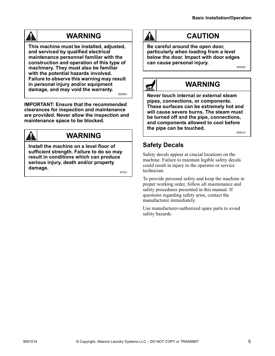 Safety decals, Warning, Caution | Alliance Laundry Systems 9001014R7 User Manual | Page 7 / 34