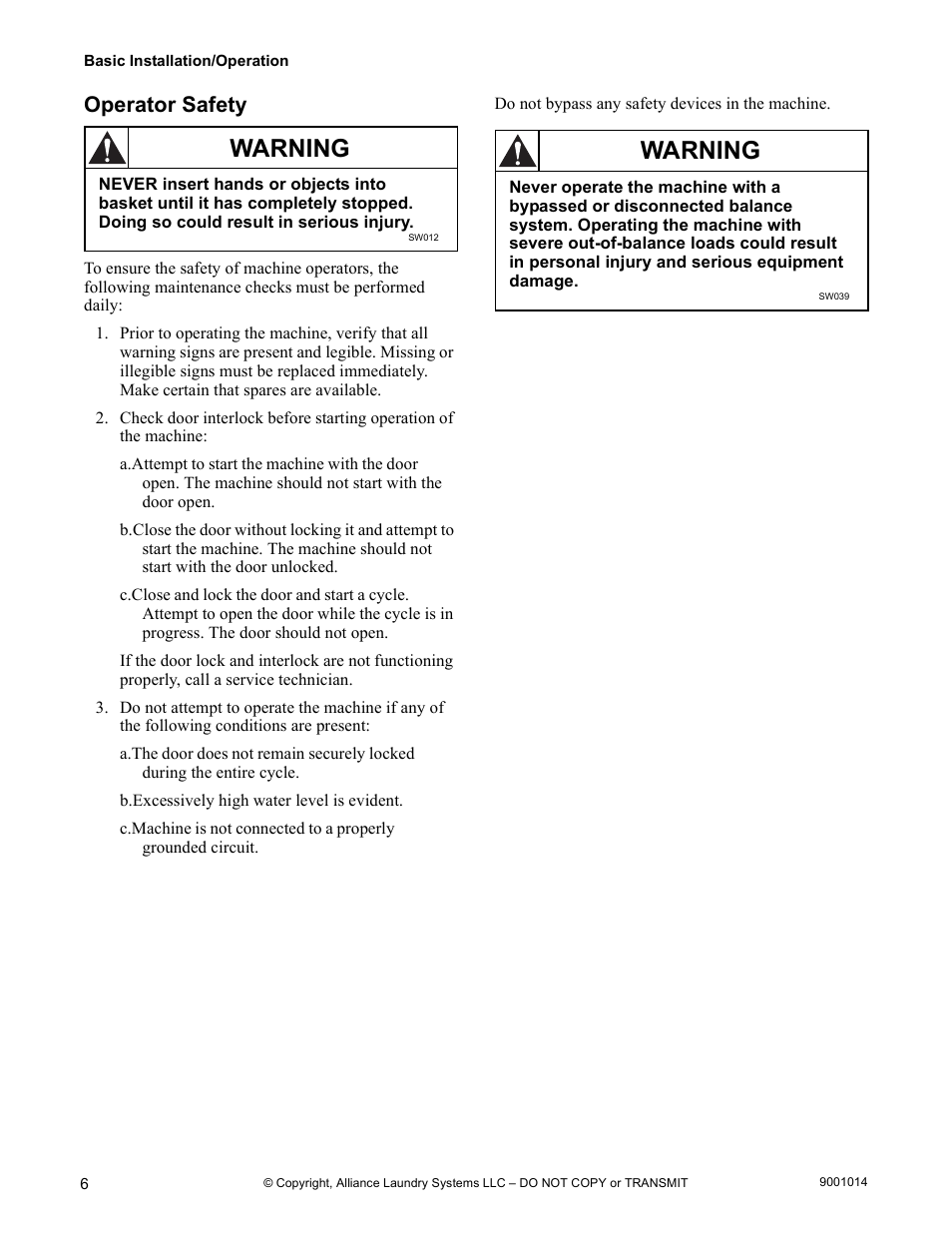 Operator safety, Warning | Alliance Laundry Systems 9001014R7 User Manual | Page 8 / 34